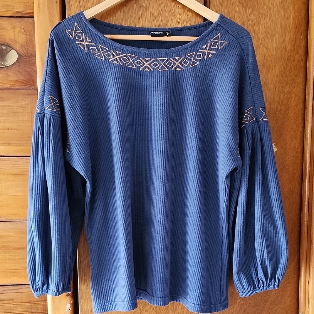 Blue Embellished Blouse with Bishop Sleeves